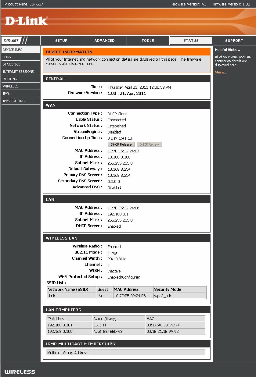 DIR-657 Status page