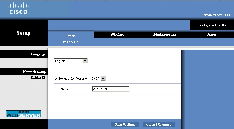 WES610N Basic Setup screen