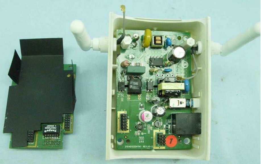 Powerline board removed shows the power supply and powerline interface circuitry