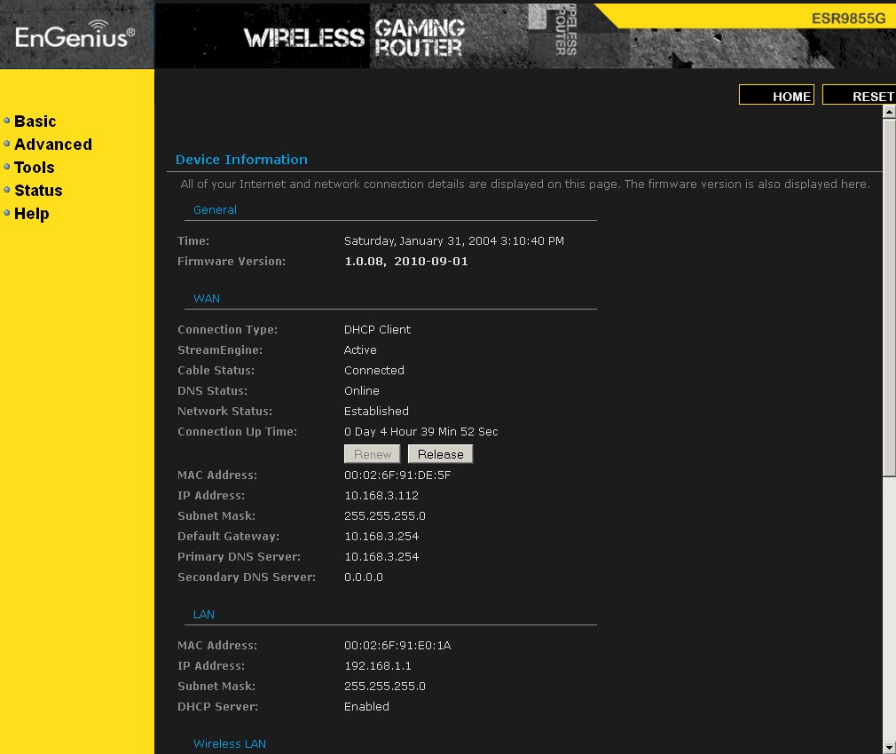 ESR9855G status page ESR9855G status page