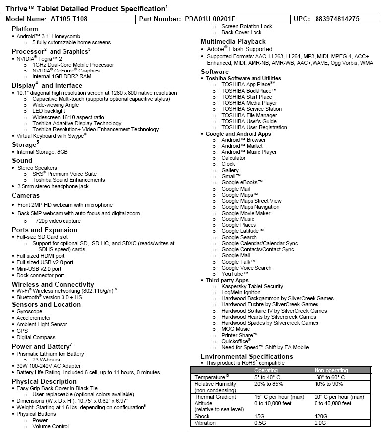 Toshiba Thrive specs