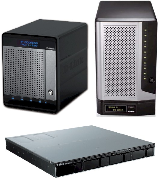 D-Link DNS-1100-04 (L), DNS-1200-05 (R) and rackmount DNS-1550-04