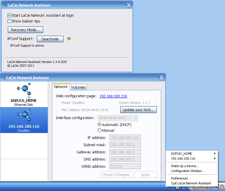 Network Assistant found the CloudBox after enabling IPConf