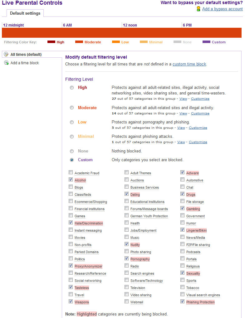 OpenDNS provides 57 categories of filtering