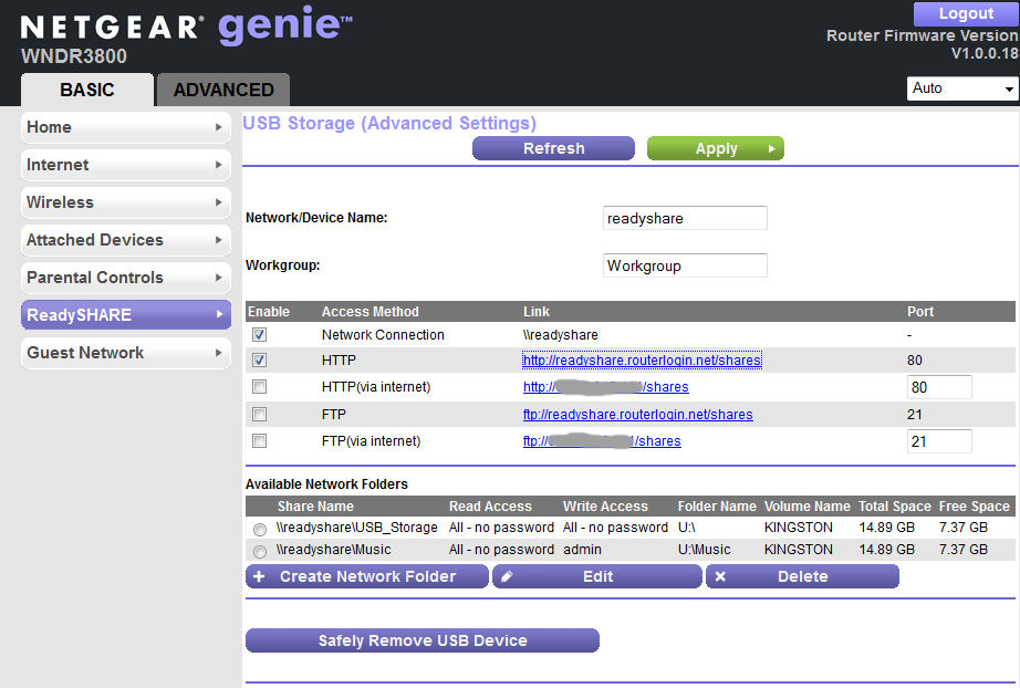 Advanced settings for ReadySHARE Basic