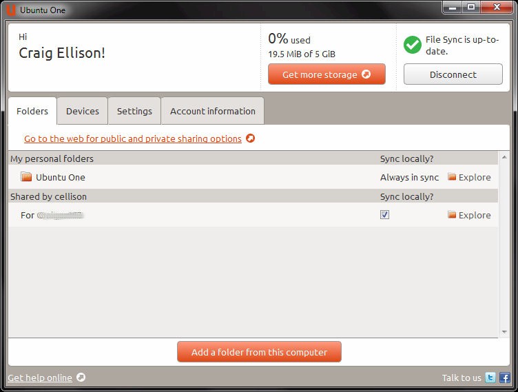Ubuntu One Windows client showing the Folders tab