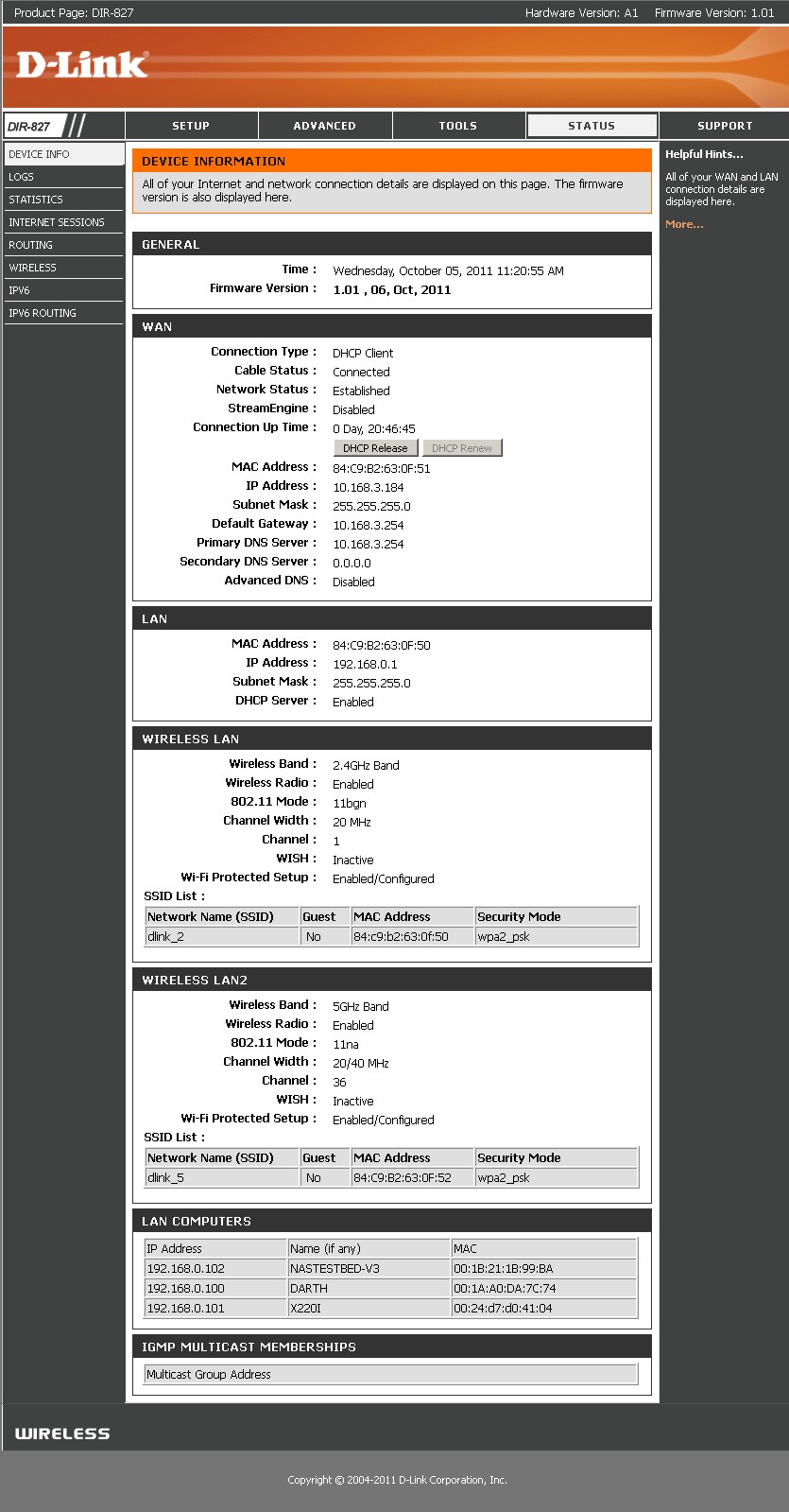 DIR-827 Status screen