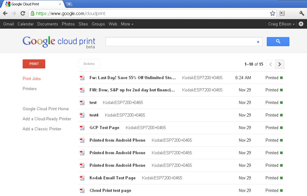 Landing page for Google cloud print showing my recently printed documents
