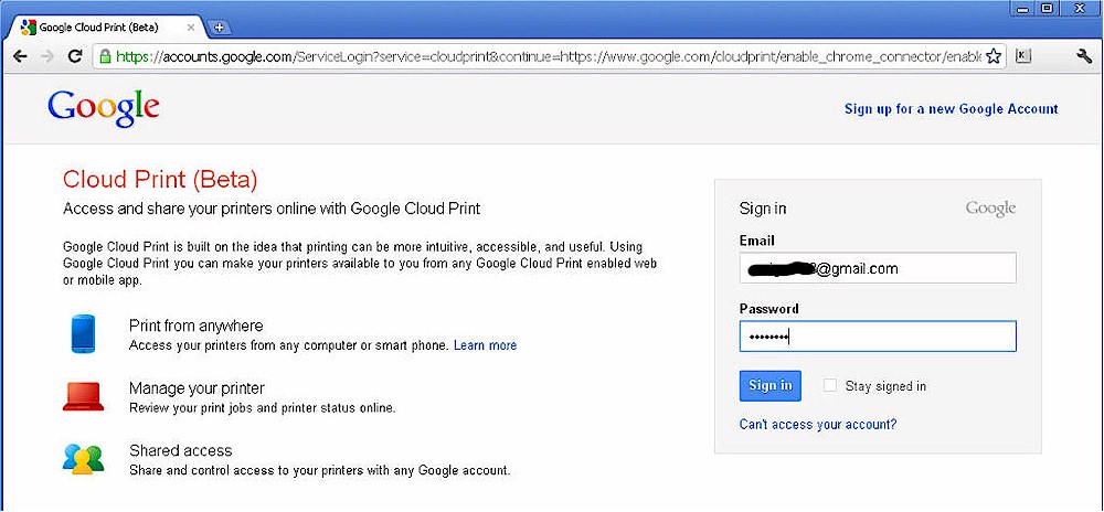 Google Cloud Print sign in page