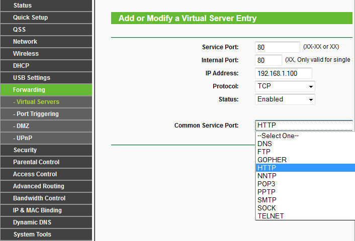 Port forwarding setup for HTTP