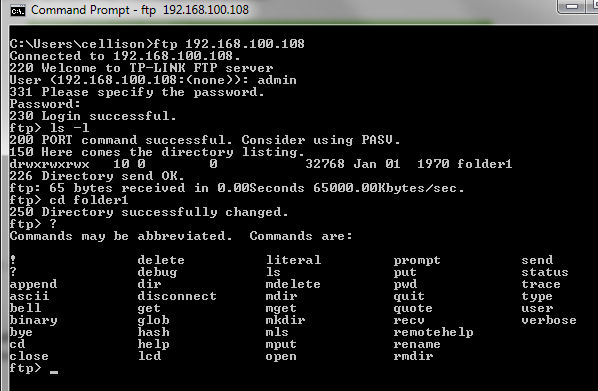 Command line FTP session showing available commands