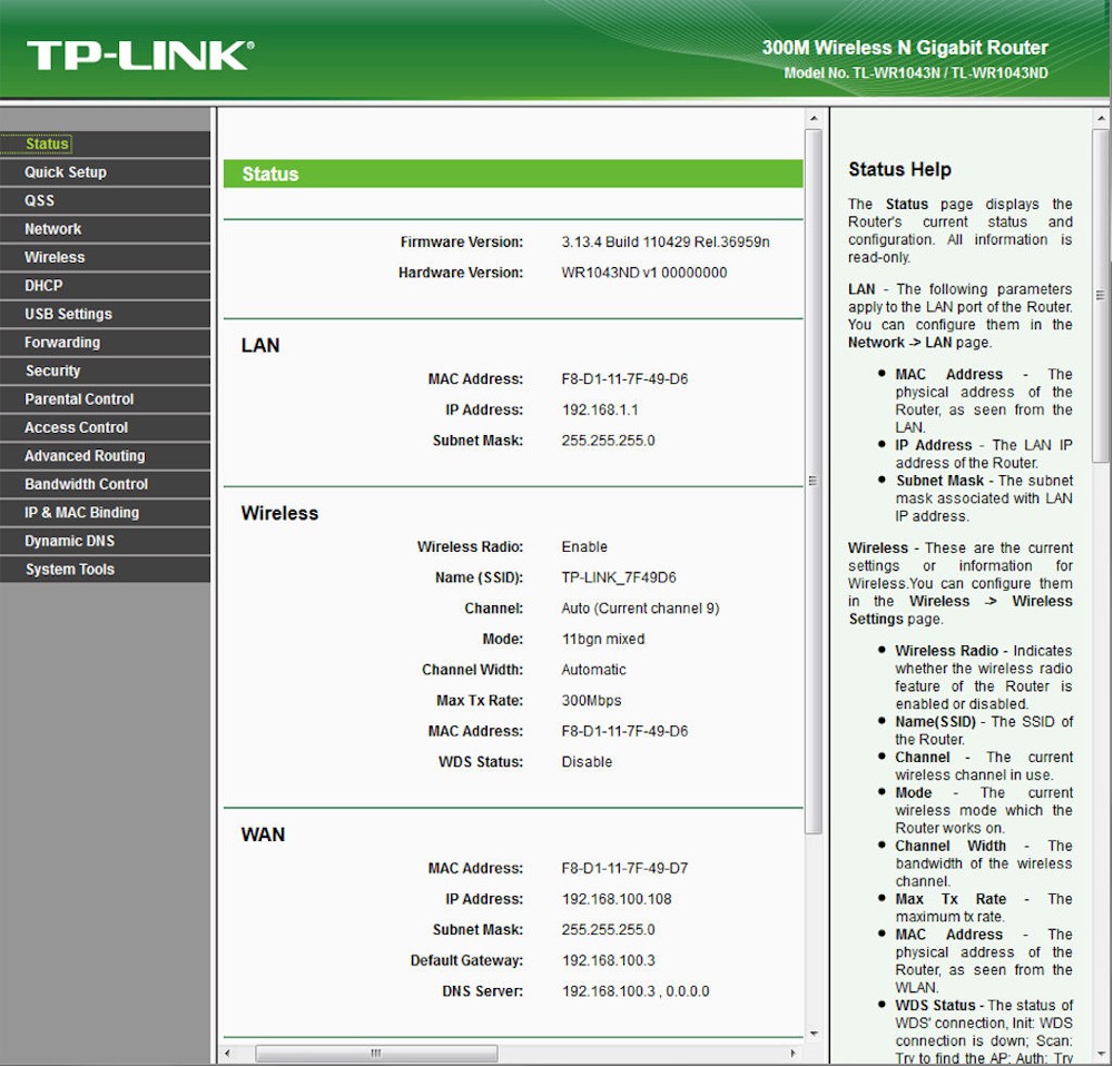 TP-Link WR1043ND landing (status) page
