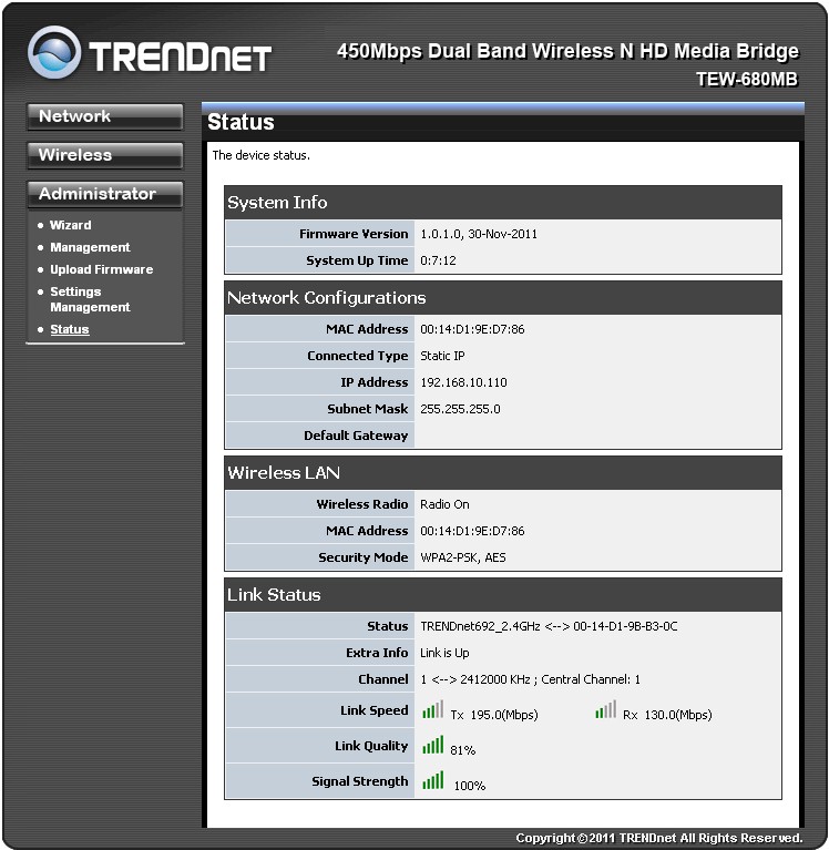 TRENDnet TEW-680MB status screen
