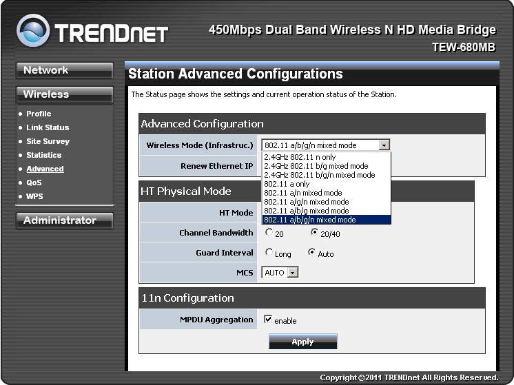 TRENDnet TEW-680MB Advanced Wireless settings