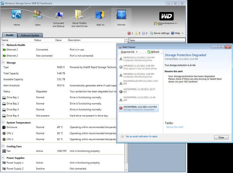 Dashboard showing failed or missing drive