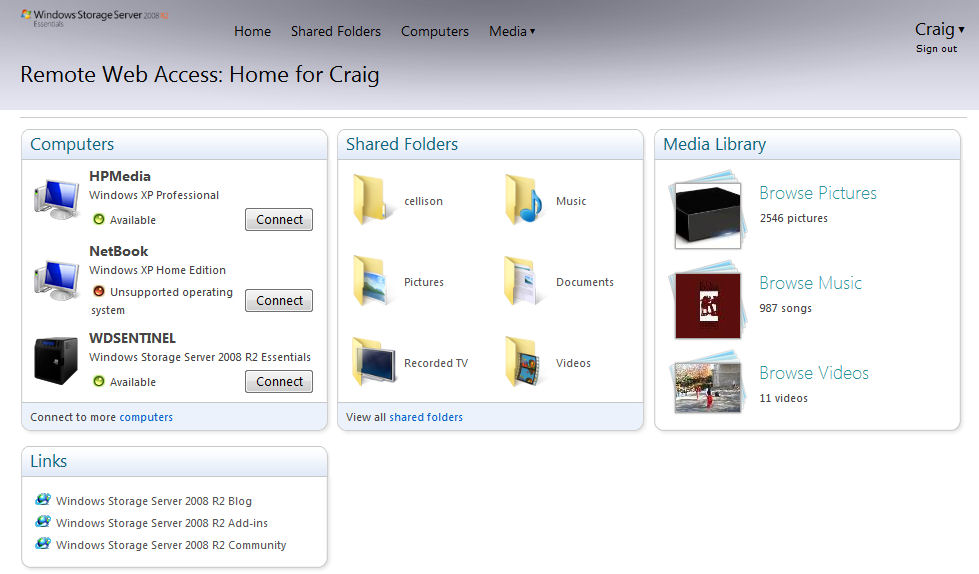 Remote Web Access home page for user Craig