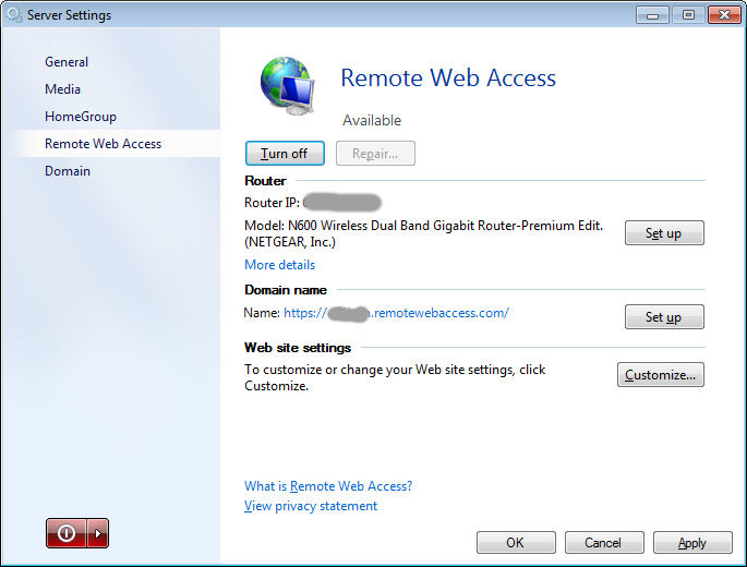 Remote Web Access setup page