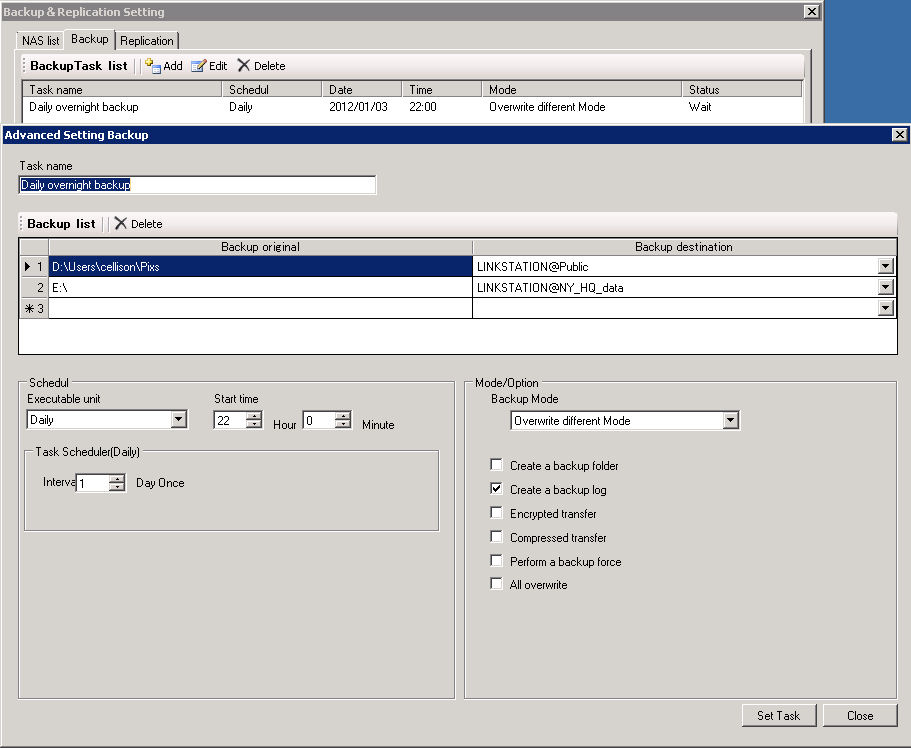 Backup scheduled for two different directories to separate shares on a remote LinkStation