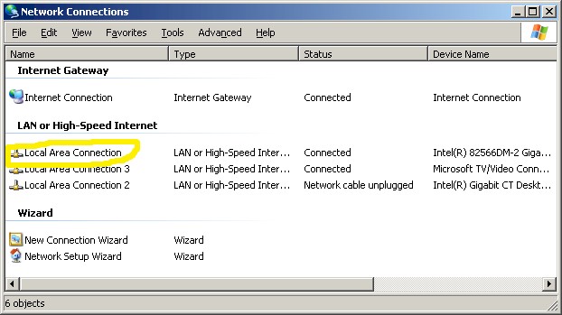 Network Connections window (Win XP)