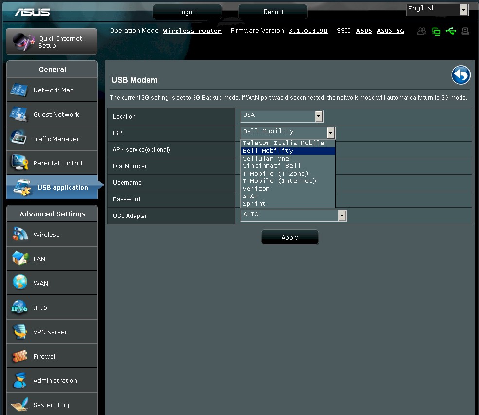 USB Modem page USB Modem page