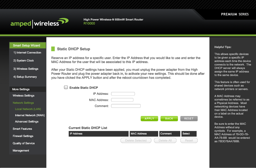 Amped Wireless R10000G DHCP reservations screen Amped Wireless R10000G DHCP reservations screen