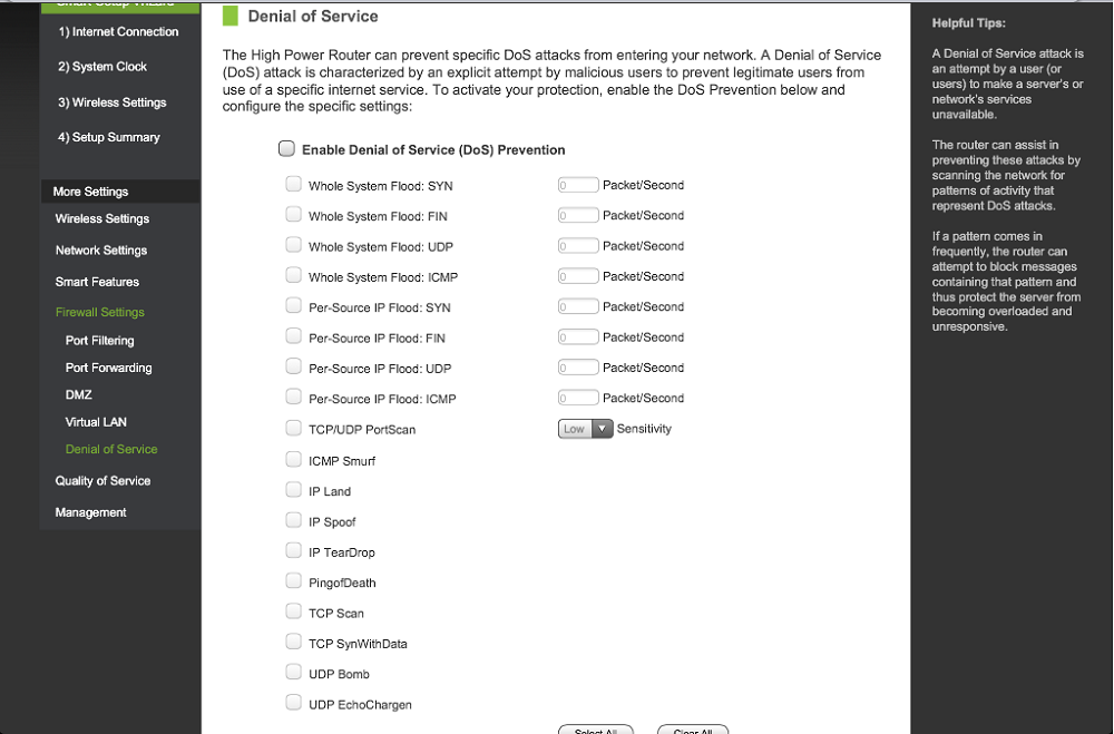Amped Wireless R10000G Denial of Service settings screen Amped Wireless R10000G Denial of Service settings screen