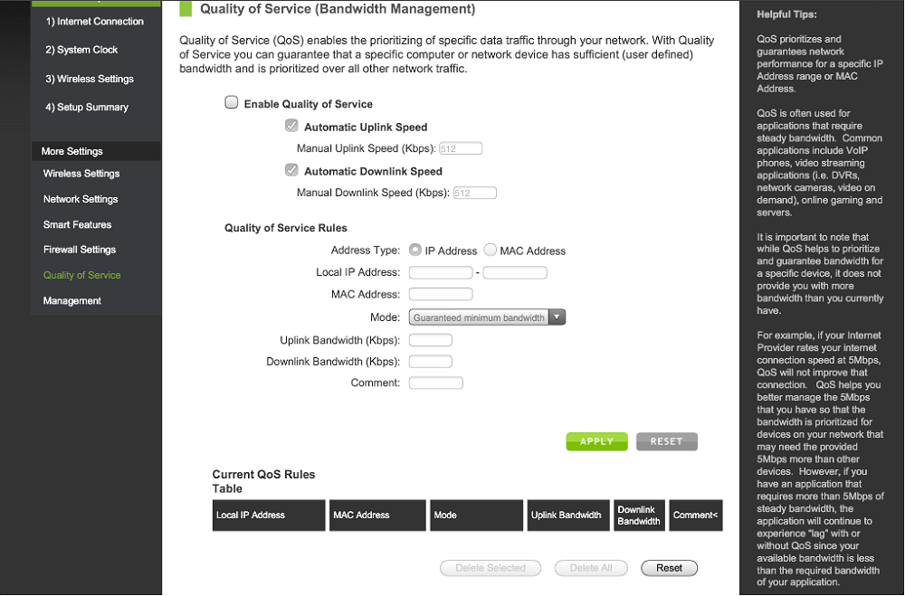 Amped Wireless R10000G Quality of Service settings screen Amped Wireless R10000G Quality of Service settings screen