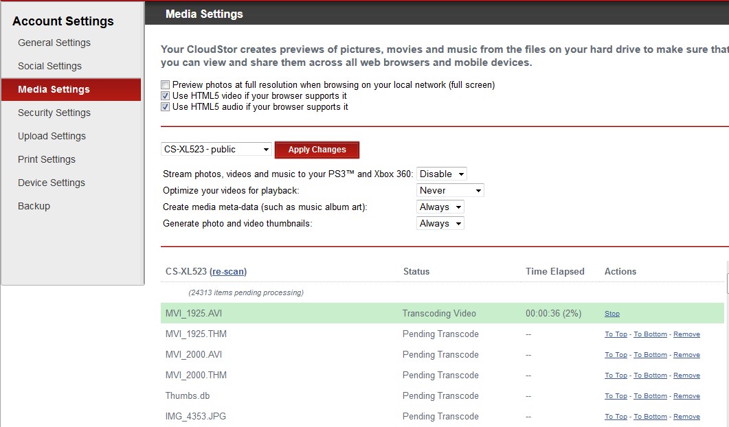 Media settings showing transcoding progress and options