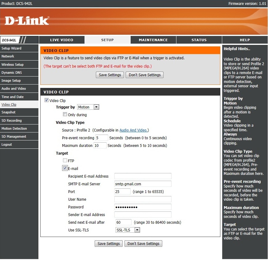 D-Link DCS-942L email options, no cloud-based email server, and no test function