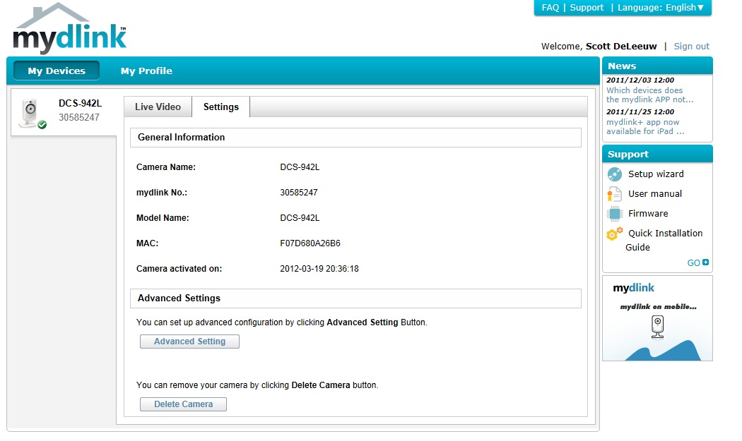 mydlink.com Settings page mydlink.com Settings page