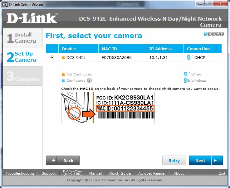 D-Link DCS-942L Quick Setup Wizard Network identification