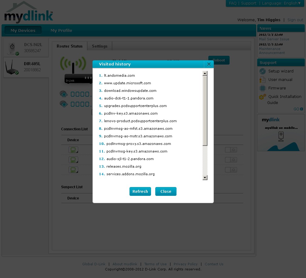 DIR-605L mydlink Device Visited History