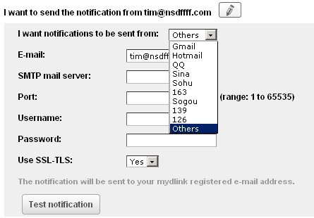 DIR-605L mydlink Event Notification SMTP selection