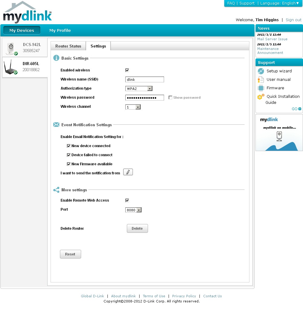 DIR-605L mydlink settings