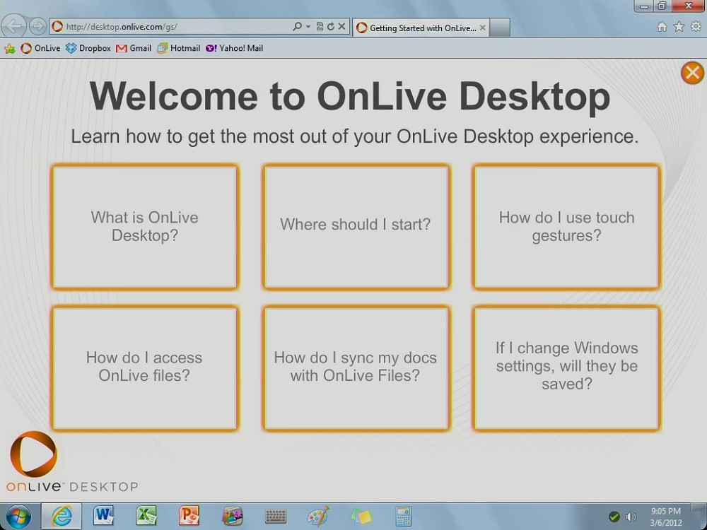 OnLive Desktop Getting Started screen