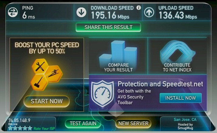 OnLive Desktop run on SpeedTest.net