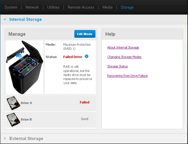 Internal Storage page drive fail indicators