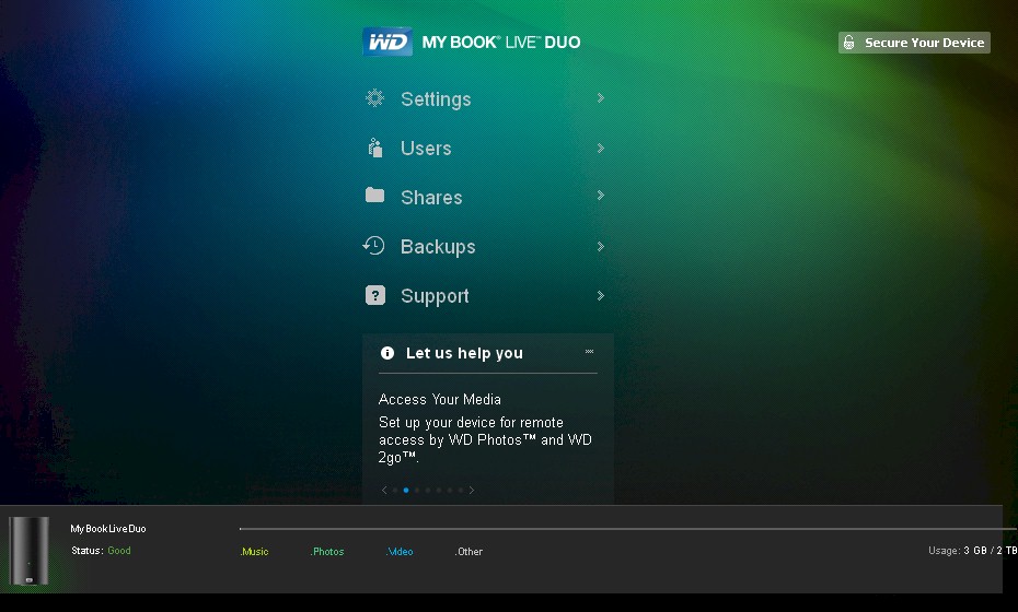 WD My Book Live Duo admin home page