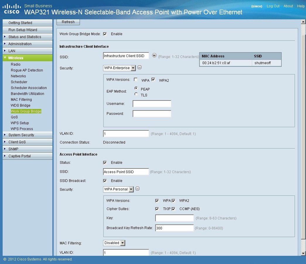 WAP321 Work Group Bridge settings