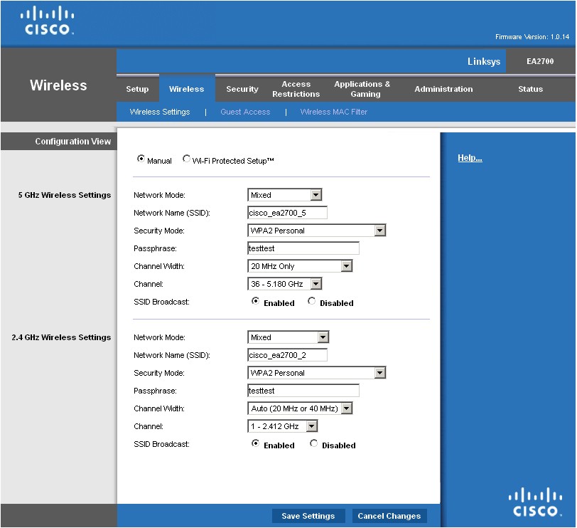 Linksys EA2700 Wireless Settings