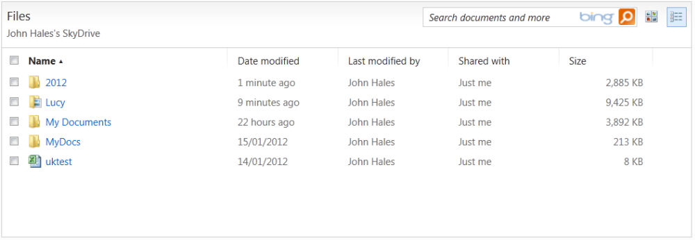 SkyDrive View of Folders