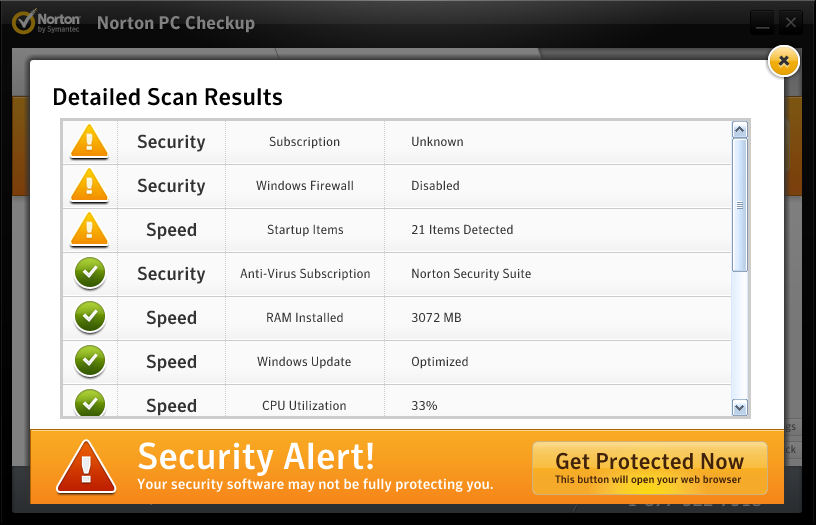 Norton PC Checkup Scan Results