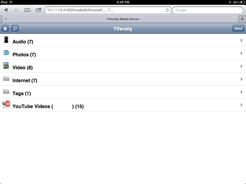 TVersity iPad web interface page