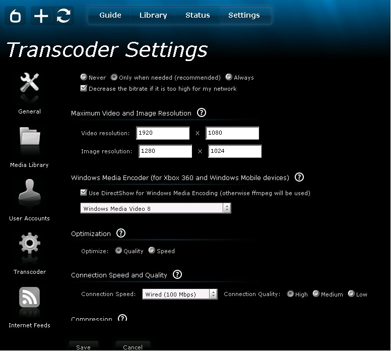 TVersity transcoding settings page