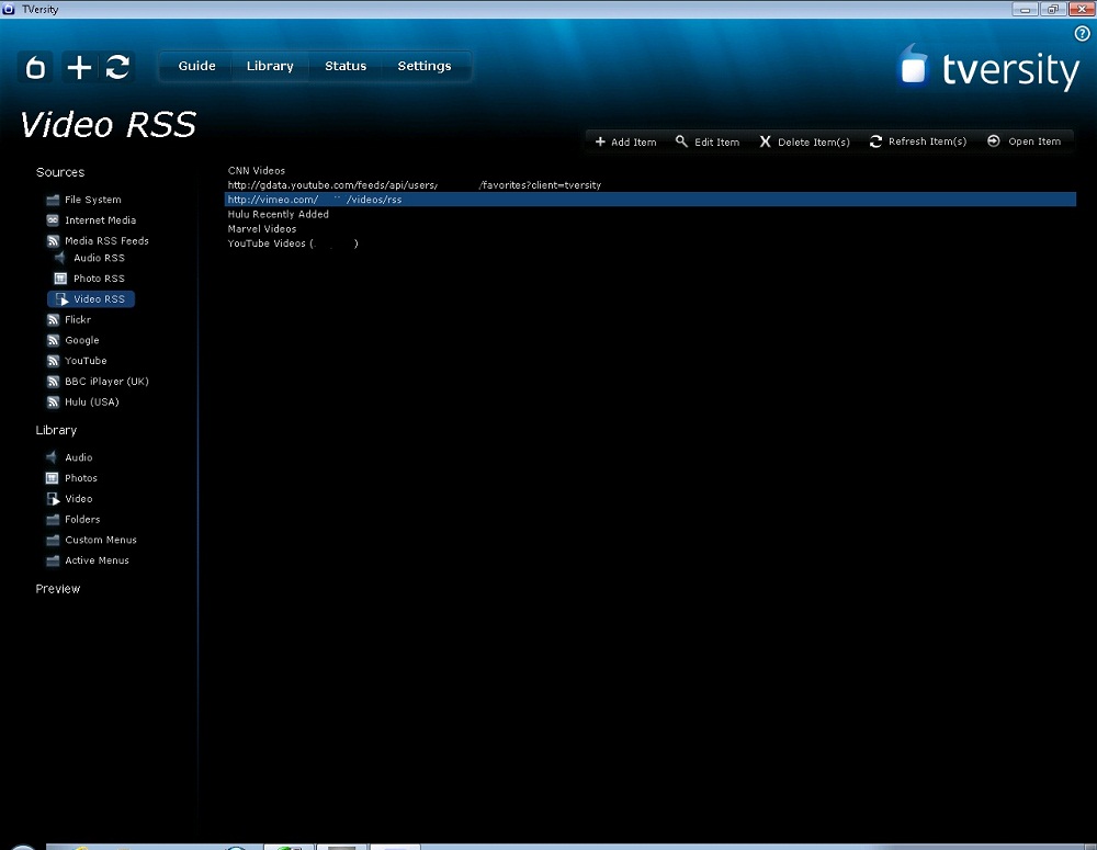 TVersity Video RSS feed screen TVersity Video RSS feed screen