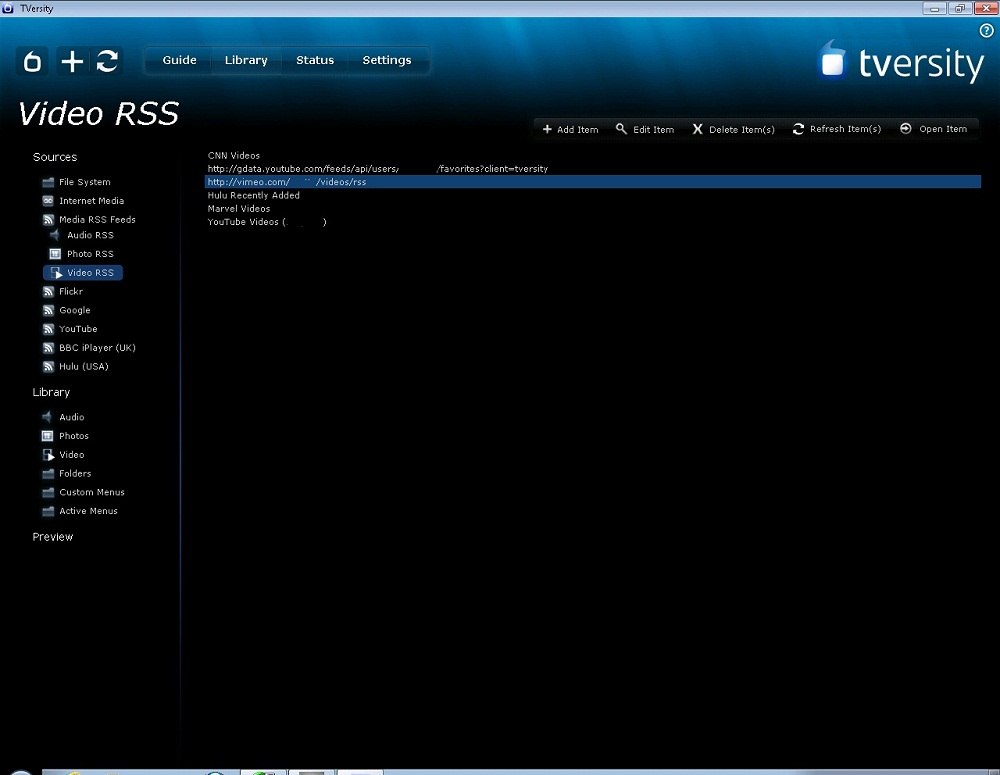 TVersity Video RSS feed screen
