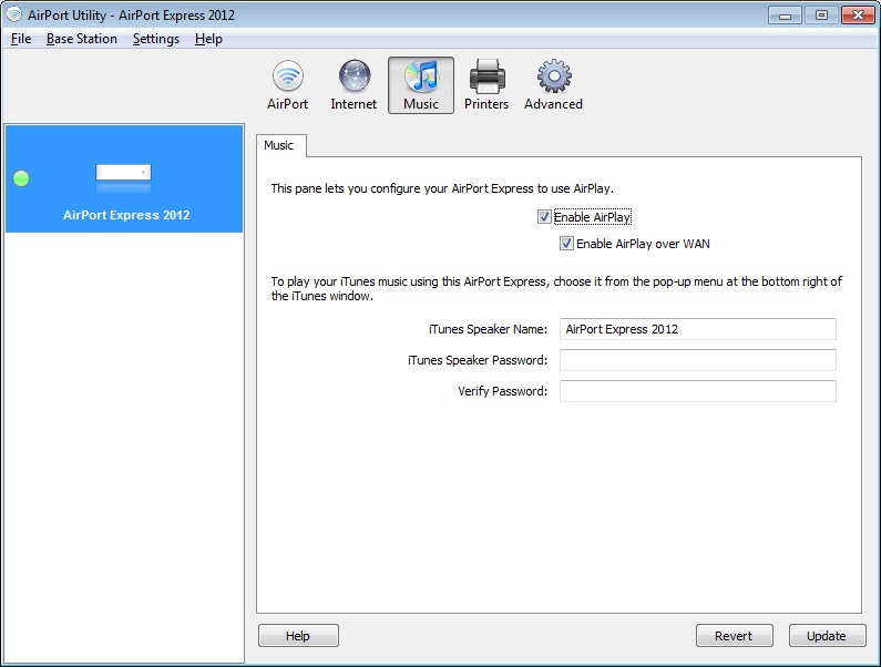 AirPort Utility Music screen