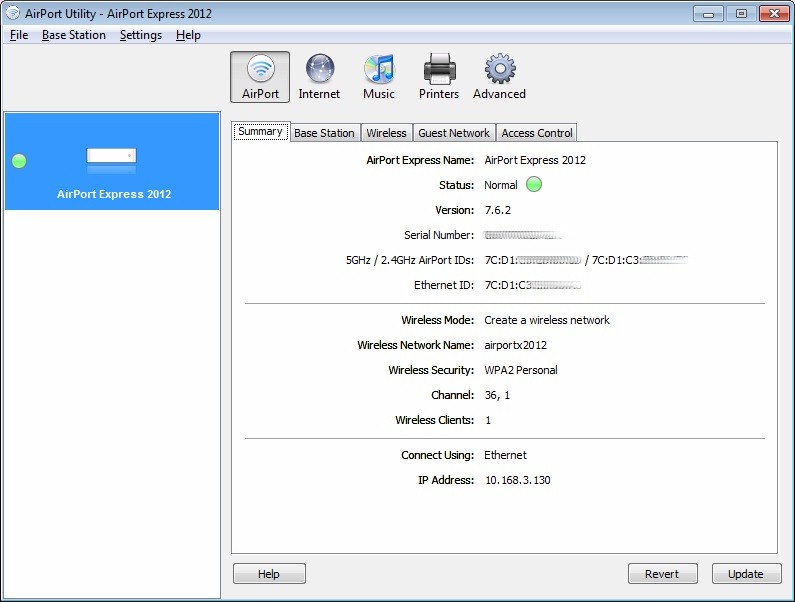 AirPort Utility Summary screen