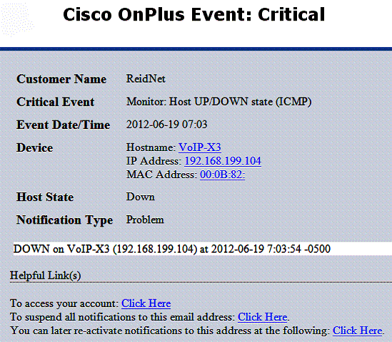 Critical alert for ICMP monitor failure