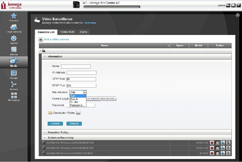 Camera options including supported vendors